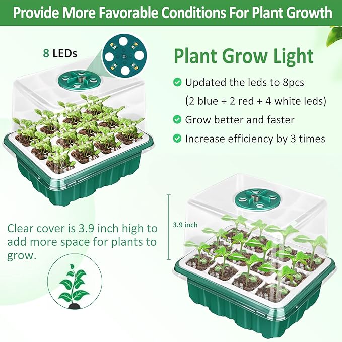 5 Packs Seed Starter Tray with Grow Light, Reusable Pop-Out Seed Starter Kit, 60 Cells With Humidity Domes, Indoor Gardening Plant Germination Trays for Seeds