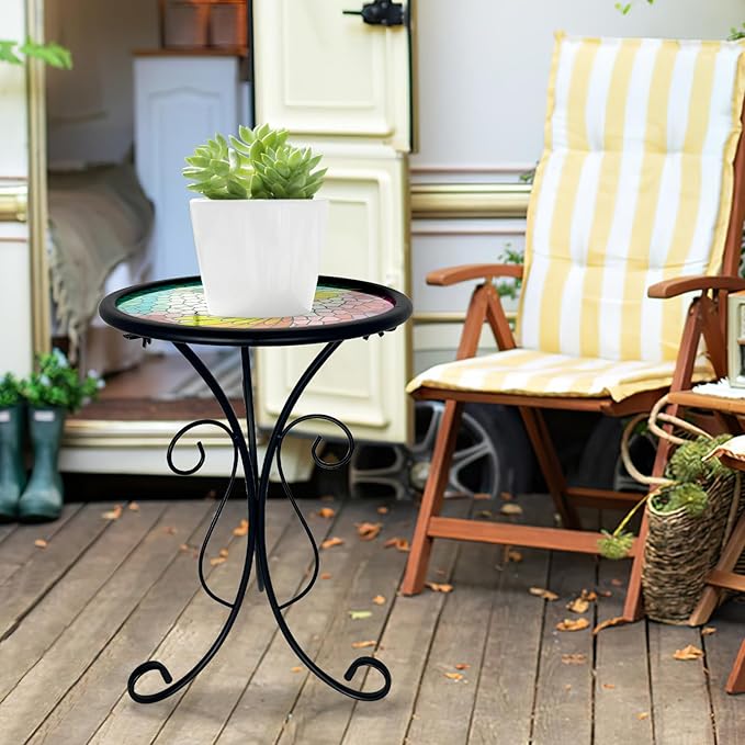 HONGLAND Outdoor Mosaic Side Table, 12" Small Outdoor Table, Round Patio Side Table End Table, Glass Plant Stand, Small Bistro Coffee Table for Garden Patio Porch Living Room （Hummingbird）