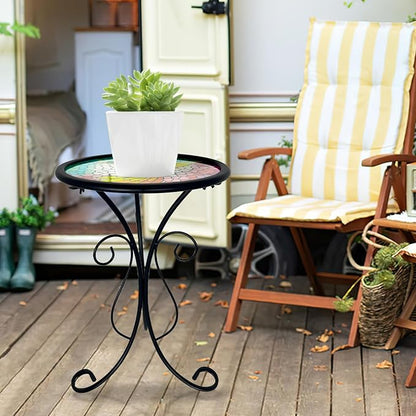 HONGLAND Outdoor Mosaic Side Table, 12" Small Outdoor Table, Round Patio Side Table End Table, Glass Plant Stand, Small Bistro Coffee Table for Garden Patio Porch Living Room （Hummingbird）