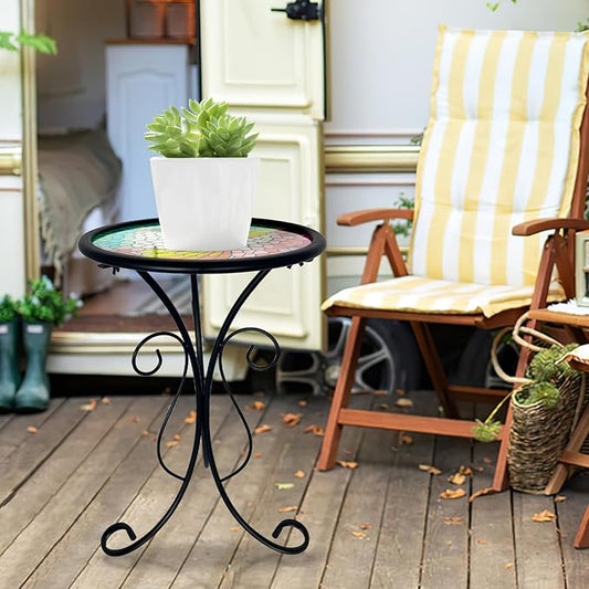 HONGLAND Outdoor Mosaic Side Table, 12" Small Outdoor Table, Round Patio Side Table End Table, Glass Plant Stand, Small Bistro Coffee Table for Garden Patio Porch Living Room （Hummingbird）