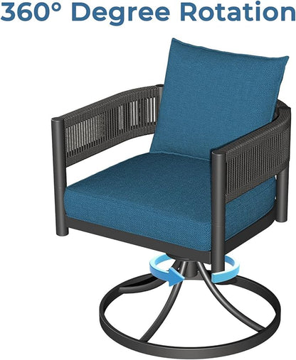 Grand patio Outdoor Dining Chair Set of 2, 2 Pieces Patio Dining Chairs, Metal Woven Wicker Swivel Patio Chairs with Peacock Blue Cushions for Backyard, Deck, Garden, Porch, Lawn and Poolside (Brown)