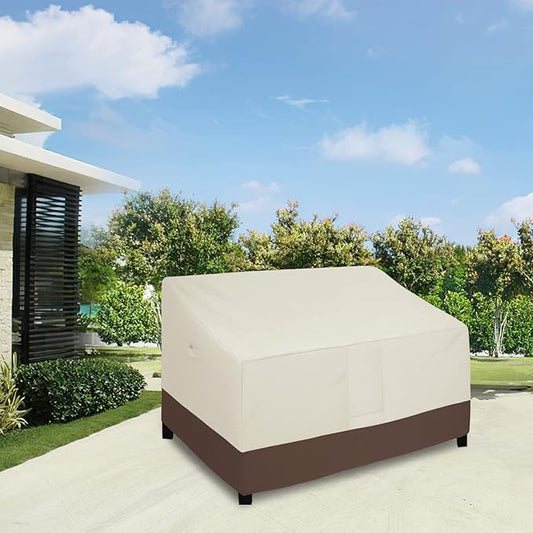 Easy-Going Waterproof Outdoor Sofa Cover, Heavy Duty 2 Seater Outdoor Loveseat, Windproof Patio Furniture with Air Vent (60Wx35Dx35H inch, Beige/Dark Brown)