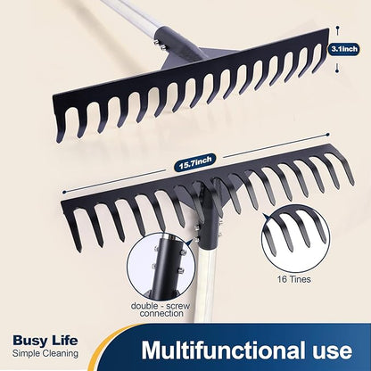 Yocada Thatch Rake 15.7" Steel Lawn Thatching Rake Heavy Duty Grass Grooming Tool for Garden Yard Soil Loosening Lawn Cleaning 62" Tall