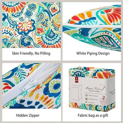 Magpie Fabrics Patio Lumbar Pillow Covers ONLY 20"x12", Set of 2, Outdoor Indoor Cushion Cases Decorative Throw Rectangular Pillowcase Shell for Couch Garden - Paisley Multi