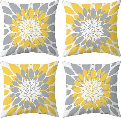 Qahing Pack of 4 Fall Outdoor Waterproof Pillow Covers 16x16 Decorative Outdoor Throw Pillows Garden Square Cushion Cases for Patio Furniture, Couch, Tent Sunbrella, Bench, Mustard Yellow Grey
