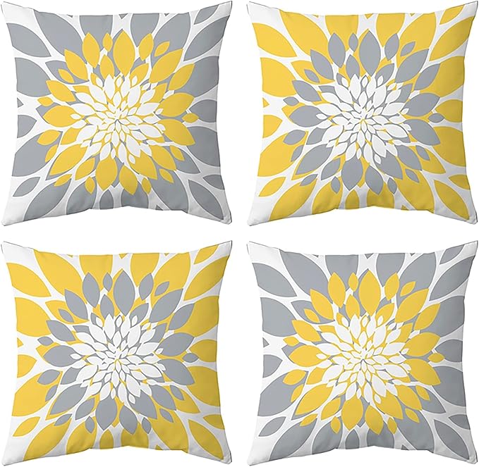 Qahing Pack of 4 Fall Outdoor Waterproof Pillow Covers 20x20 Decorative Outdoor Throw Pillows Garden Square Cushion Cases for Patio Furniture, Couch, Tent Sunbrella, Bench, Mustard Yellow Grey
