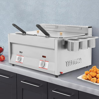 LYNICESHOP Stainless Steel Countertop Gas Fryer, Commercial LPG Gas Deep Fryer with 2 Basket Propane LPG Oil Frying Pot Kitchen Frying Machine Snack Fryer For French Fries Restaurant Home Kitchen