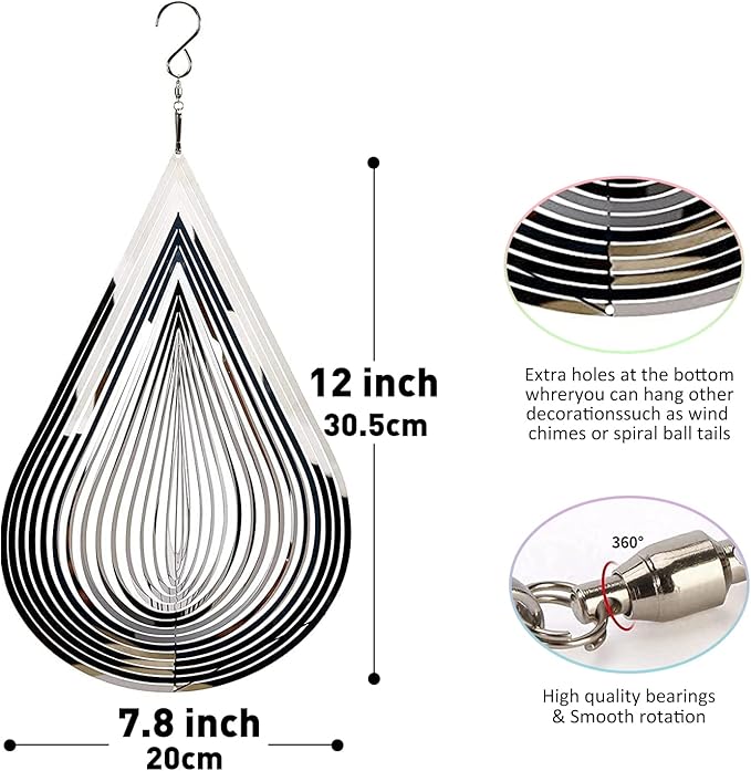 Wind Spinner Outdoor Metal Decorations, Silver Wind Spinners for Yard and Garden,3D Mirror Stainless Steel Hanging Wind Sculptur Chime Indoor Outdoor Garden Decoration Worth Gift (Drop)