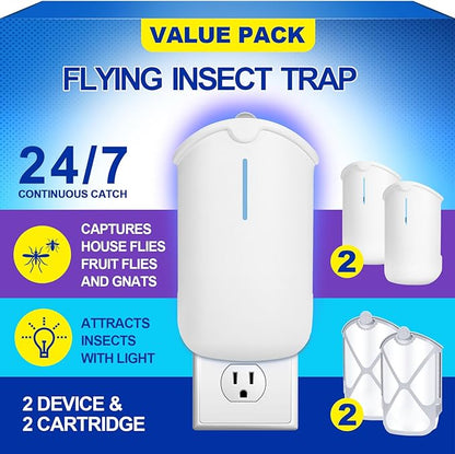 2 Flying Insect Traps & 2 Cartridges - Compatible with ZEVOM364A Refill - Plug in Fruit Fly Trap for Indoor - Bug Catcher for Gnats, House & Fruit Flies - Use in Any Room (2 Device & 2 Cartridges)