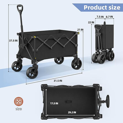 Collapsible Wagon with Wheels,220 lbs Capacity Heavy Duty Wagons Carts with Flexible Handle,Lightweight Portable Folding Utility Cart for Grocery Shopping,Camping,Garden,Sports