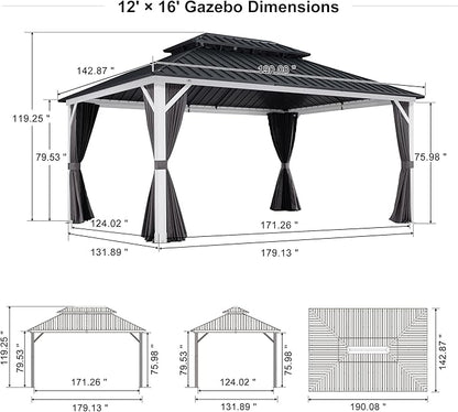 PURPLE LEAF 12' X 16' Hardtop Gazebo, White Aluminum Frame Gazebo with Double Roof, Curtain and Netting for Patio, Garden and Backyard
