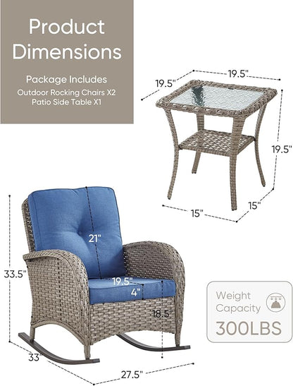 HUMMUH Outdoor Bistro Set-High Back Outdoor Rocking Chair with Side Table Patio Table and Chairs Set for Deck Lawn Porch Balcony Poolside-Grey/Blue