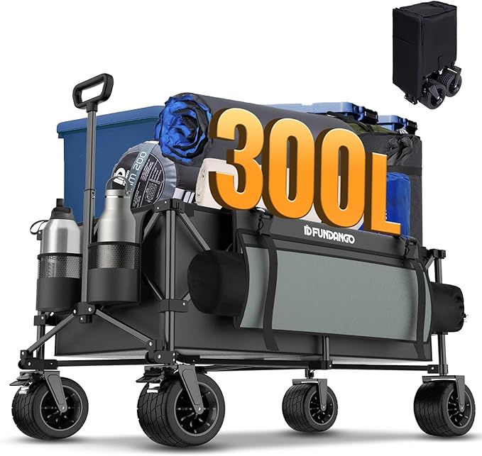FUNDANGO 600lbs Heavy Duty Wagon, Foldable Beach Collapsible Wagons Garden Cart with Brakes, Side Pockets & All-Terrain Big Wheels for Sports Camping Shopping Groceries, Black