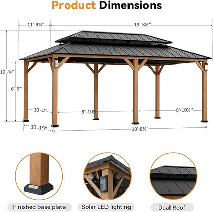 Modern Shade The Horizon Hardtop Gazebo 12' x 20' with 4 LED Lights, Permanent Outdoor Gazebo with Galvanized Steel Double Roof, Grill Pavilion with Decor Hooks, Mosquito Nettings, Wood-Looking