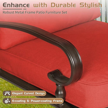7-Piece Outdoor Metal Furniture Sets Patio Conversation Set, Wrought Iron Loveseat, 2 Dining Chairs, 2 Spring Chairs and Coffee Table, Red