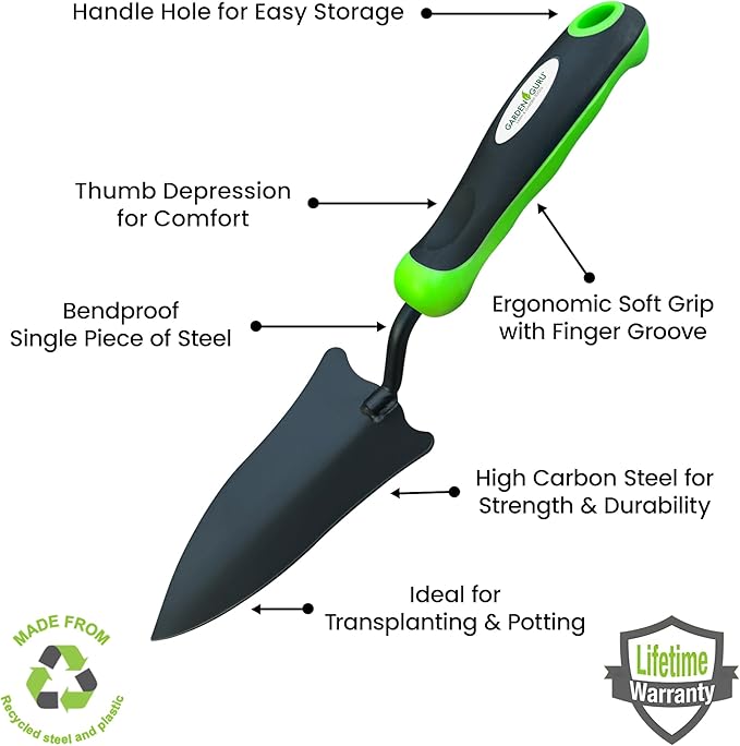 Garden Guru Transplanter Trowel Shovel - High Carbon Steel for Ultimate Strength - Rust Resistant - Ergonomic Grip - Perfect Hand Shovel Tool for Gardening Transplanting & Digging (4 Pack)