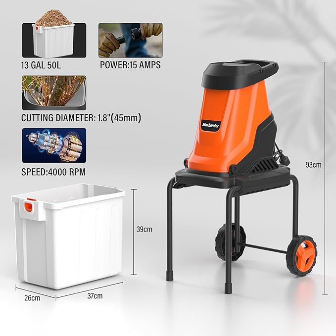 MAXLANDER 15-Amp Electric Wood Chipper, Shredder Mulcher with 50L Collecting Bin, 1.8-Inch Cutting Diameter for Mulching, Composting and Yard Cleanup 15:1 Reduction