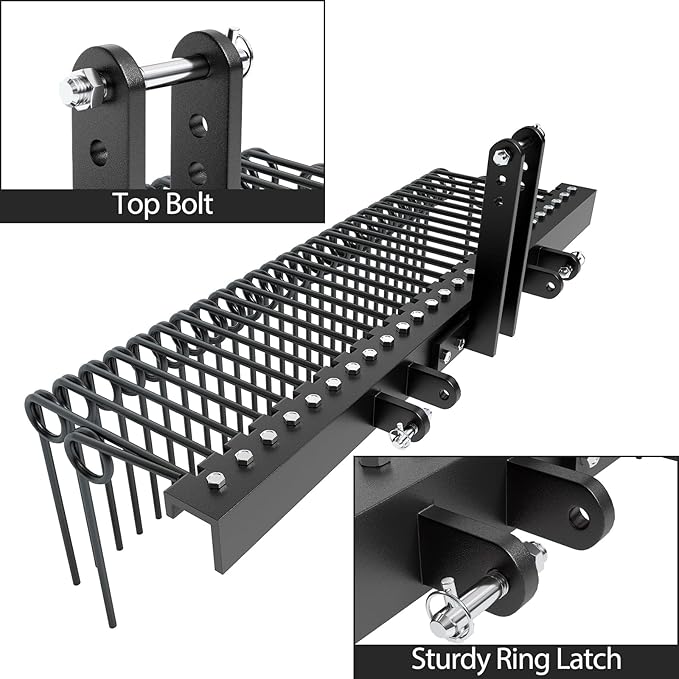 60 in Pine Straw Needle Rake, 3 Point Landscape Rake, Powder Coated Steel Spring Tow Behind Rakes, Tractor Attachments for Leaves Straw Grass Attach to Cat 0 Cat 1, Black