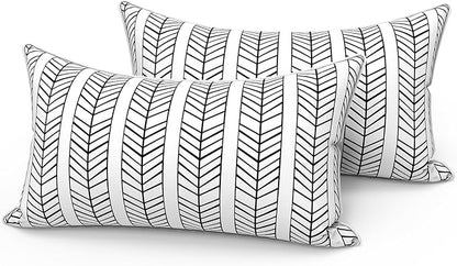 LVTXIII Set of 2 Outdoor Lumbar Pillows for Patio Furniture with White Piping, 12"x20" Fade Resistant Patio Lumbar Pillows with Inserts for Home Coach Sofa Use, Herringbone Black White