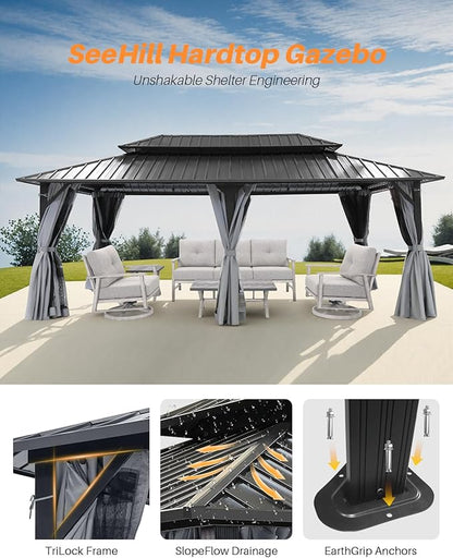 12' x 20' Hardtop Gazebo, Outdoor Patio Gazebo, Aluminum Frame Patio Hardtop Gazebos with Netting and Curtain, Outdoor Patio Pergola with Double Steel Roofs for Deck, Lawn, Parties, Slate Gray