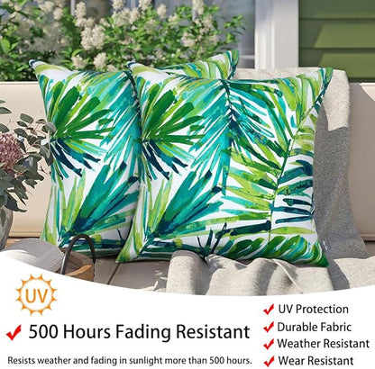 Magpie Fabrics Patio Pillow Covers ONLY 18"x18", Set of 2, Fade-Resistant Outdoor Indoor Decorative Throw Pillowcase Shell for Couch Garden Furniture - Green Palm Leaves