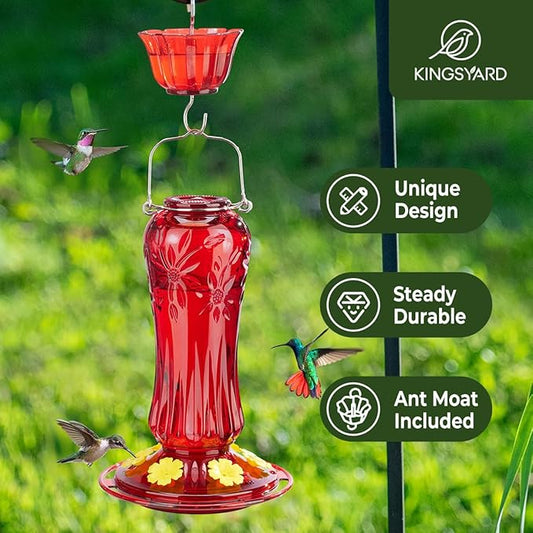 Kingsyard Glass Hummingbird Feeders for Outdoors Hanging, Hummingbird Nectar Feeder with Ant Moat & 6 Bee Guard Feeding Ports, 25 Ounces Leak Proof (Red)