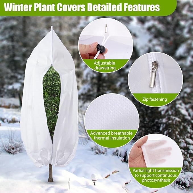4 Pack Winter Plant Covers Freeze Protection, Frost Covers with Zipper Drawstring, Warm Plant Protection Cover Bags, Outdoor Winter Frost Cold Weather Shrubs Trees Jacket Covers (31.5" x 47.3",White)