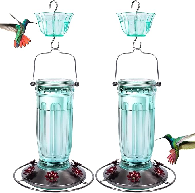 Kingsyard 2 Pack Glass Hummingbird Feeder for Outdoors, 16 Oz Wild Bird Feeder with 6 Feeding Ports Hanging for Garden Yard, Green (Ant Moat Included)