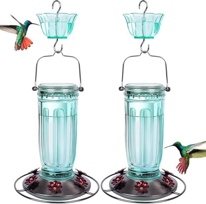 Kingsyard 2 Pack Glass Hummingbird Feeder for Outdoors, 16 Oz Wild Bird Feeder with 6 Feeding Ports Hanging for Garden Yard, Green (Ant Moat Included)