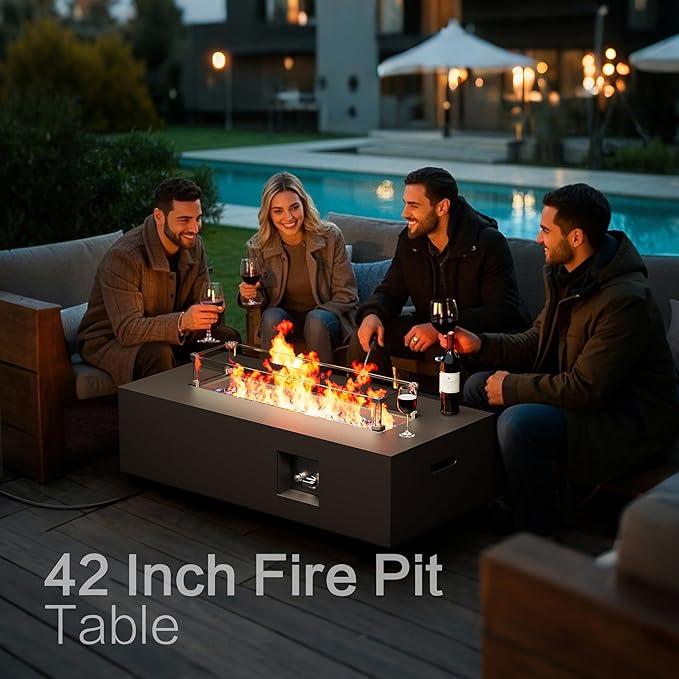42" Outdoor Fire Pit Table, 50,000 BTU Gas Fire Pit with Glass Windshield, Rocks, Waterproof Cover, Propane Fire Pit Table for Outside Patio (Black, 42 inch)