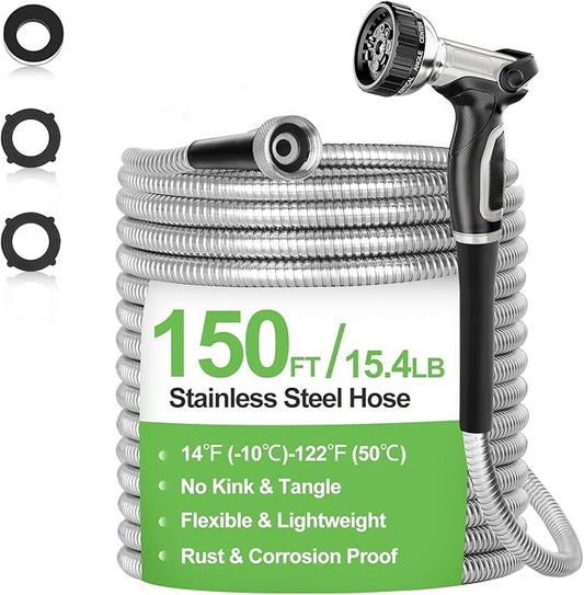 Garden Hose Metal 150 ft, Stainless Steel Water Hose with Upgrage Aluminum Nozzles, Flexible | Heavy Duty | Lightweight | No Kink | Anti-Bite Hose for Yard, RV Park, Outdoor Watering