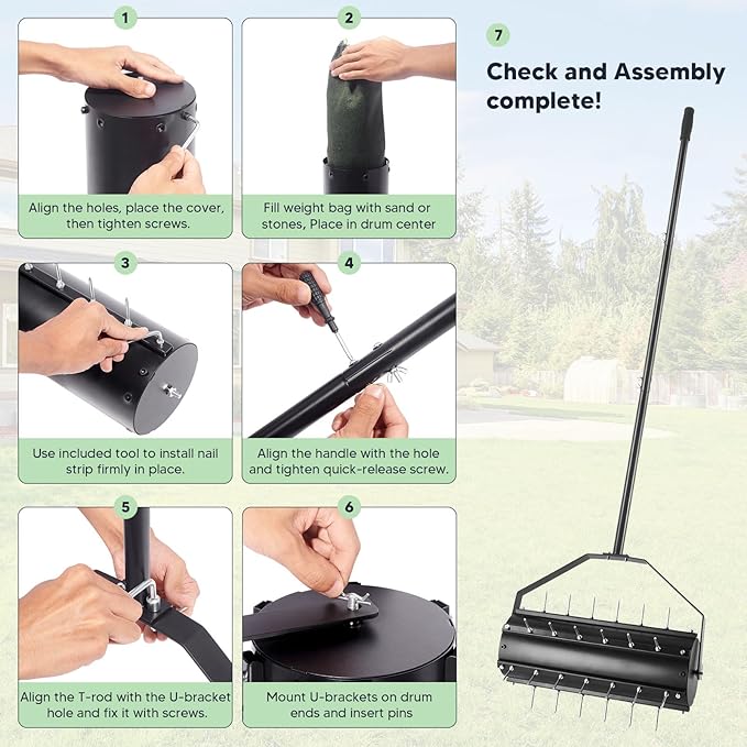 Uranshin Rolling Lawn Aerator Tool, Heavy Duty Manual Push Aerator Lawn Tool with 39 Pre-Attached Spikes and 70" Adjustable Handle, Lawn Spike Aerator Roller Suitable for Lawn, Garden and Yard