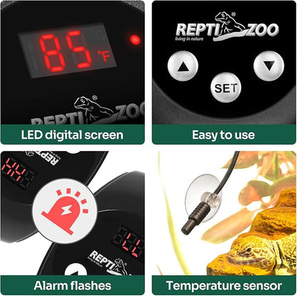 REPTI ZOO Reptile Light Fixture Dimming Thermostat Combo Pack, 5.5 Inch Deep Dome Lamp Fixture Max 100W, PID Reptile Thermostat Temperature Controller for Reptile Heat Lamp Bulb