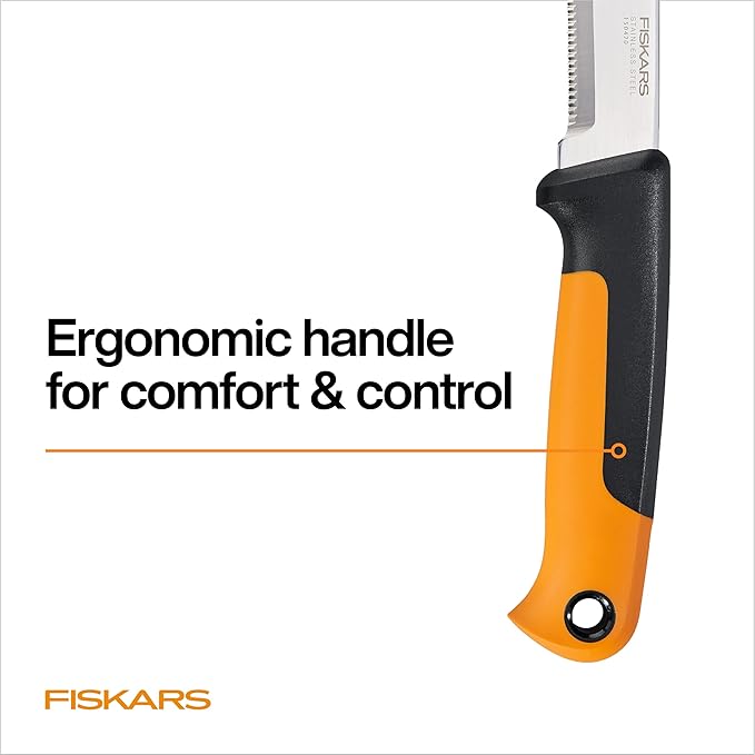 Fiskars Harvesting Knife with Serrated Edge, Gardening Hand Tool with Flat Tip Blade and Sheath, Perfect for Thick Stalks and Stems