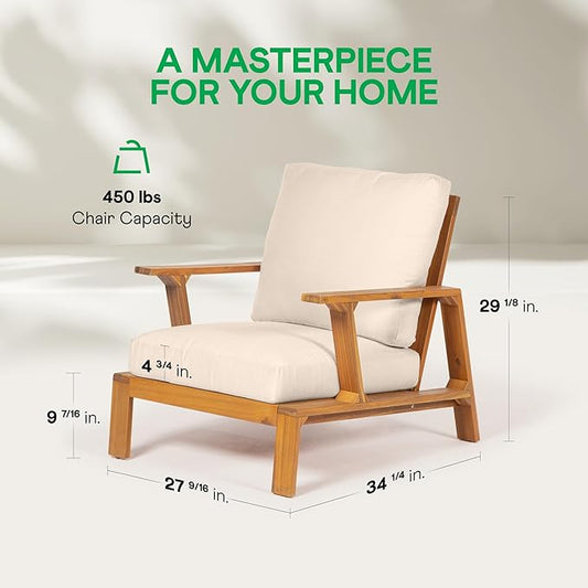 Jasper Outdoor Wooden Club Chair with Beige Cushion – Ideal for Patio, Garden, or Balcony