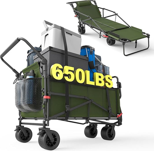 LEVELEVE Heavy Duty Folding Wagon - 2-in-1 Collapsible Cart, 650lb Capacity, All-Terrain Wheels w/Brakes & Side Pockets (Army Green)