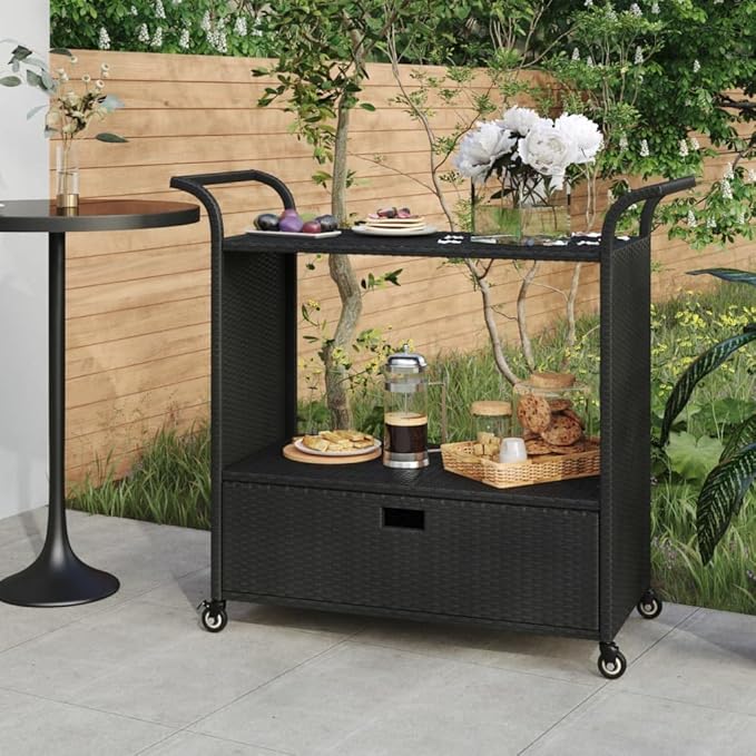 Outdoor Rolling Wicker Bar Cart with Drawer, Portable Bar Cart with Wheels, Patio Kitchen Island Cart for Pool Deck Backyard, Black 39.4"x17.7"x38.2" Poly Rattan -460