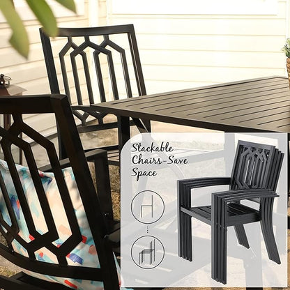 PHI VILLA 5 Pieces Outdoor Round Dining Set for 4, Wrought Iron Circle Table with Umbrella Hole & Stacking Metal Chairs, Modern Furniture Set for Patio, Deck, Backyard, Porch