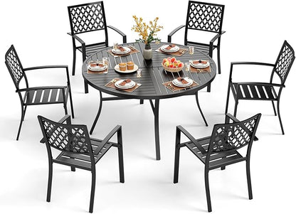 PHI VILLA 7 Pieces Outdoor Round Dining Set for 6, Wrought Iron Dining Table with Umbrella Hole & Stackable Metal Steel Chairs, Modern Dining Furniture Set for Patio, Deck, Backard, Porch