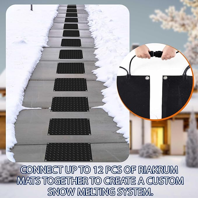 Riakrum 2 Pcs Heated Snow Melting Mats Outdoor, 20 x 30 in Winter Anti-Slip Heated Rubber Mat for Walkways Decks and Sidewalks, Snow and Ice Melting Pads Connection with 9.84 ft Power Cord