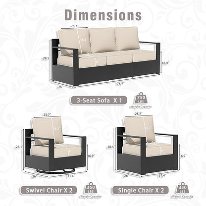 5 PCS Aluminum Patio Conversation Set - 3-Seater Sofa, 2 360° Swivel Chair, 2 Fixed Chair with 6" Thick Water-insistant Cushions, All-Weather Use Removable Cover, Ideal for Garden, Poolside (Beige)