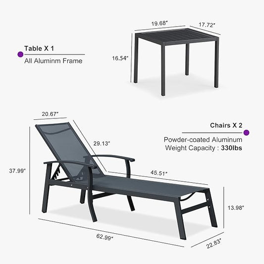 PURPLE LEAF Chaise Lounge Chair Outdoor 2 Pieces Pool Lounge Chairs 5 Adjustable Position with Armrests and Side Table Aluminum Patio Lounge Chair for Outside Backyard Beach Pool, Grey