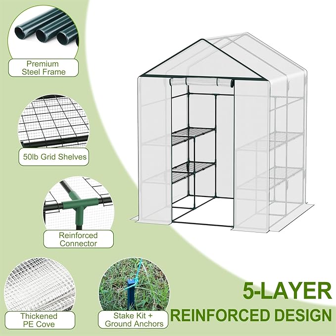 Walk-in Greenhouse for Outdoor, 57 x 57 x 77'' Walk in Plant Greenhouses with Durable UV-Resistant Cover, Reinforced Green House with 3 Tiers Stands Heavy Duty for Patio, Backyard and Porch