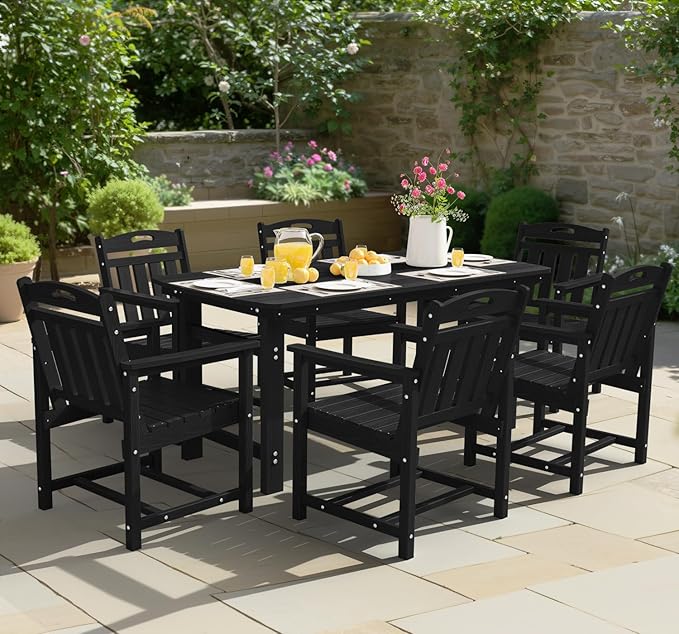 Ciokea HDPE Outdoor Dining Set 7-Piece Patio Table and Chairs with Umbrella Hole, All-Weather Patio Dining Set for 6, Durable Patio Furniture Set for Backyard, Garden, Lawn & Poolside, Black