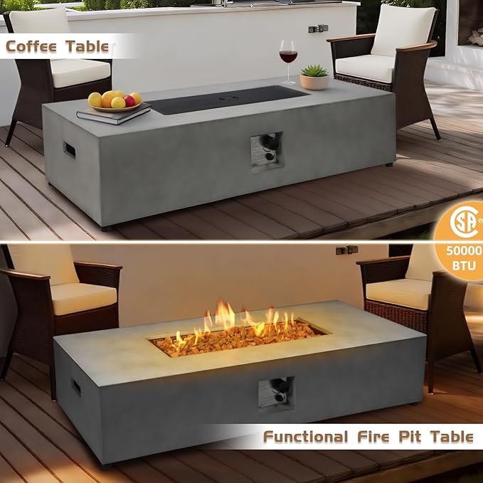 2-Piece 54" Outdoor Propane Fire Pit Table Set W 16" Tank Cover Side Table, 50,000 BTU Rectangle Concrete Fire Pit Coffee Table, Lava Rocks, Rain Cover for Patio, Backyard, Garden, Porch, Deck