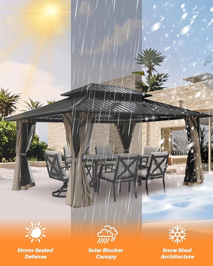 10' x 12' Hardtop Gazebo, Aluminum Frame Outdoor Patio Gazebo with Netting and Curtains, Outdoor Hardtop Gazebos, Patio Pergolas with Double Metal Roofs for Backyard, Patio, Deck, Sandstone