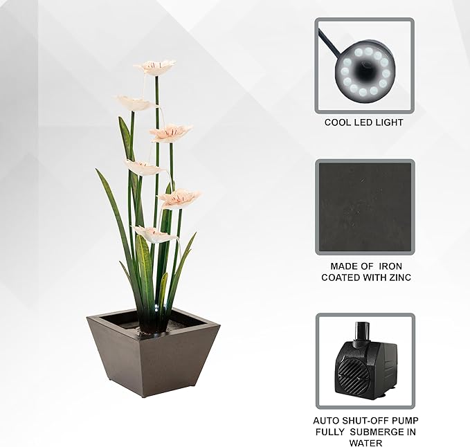 XBrand Metal Sculptural Multi-Tiered Flower Water Fountain, Multicolored, 39" Tall, w/LED Lights