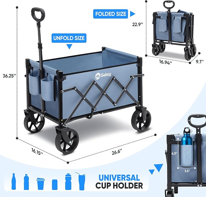 Sekey Heavy Duty Wagon with Big Wheels, Foldable Cart with 220LBS Capacity, Utility Lightweight Wagon, Collapsible Grocery Shopping Cart for Camping Sports & Holiday. Blue
