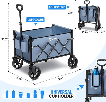 Sekey Heavy Duty Wagon with Big Wheels, Foldable Cart with 220LBS Capacity, Utility Lightweight Wagon, Collapsible Grocery Shopping Cart for Camping Sports & Holiday. Blue
