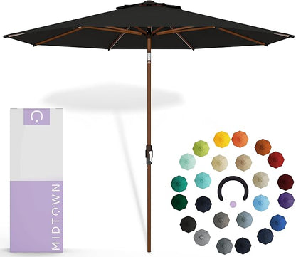 Midtown Umbrellas Sunbrella Umbrella Large Patio Umbrella 2-10 Feet in Black Acrylic Fabric, Auto-Tilt Aluminum Frame Backyard Umbrella, Deck Umbrella, Garden Umbrella & Porch Umbrella - Wooden Pole